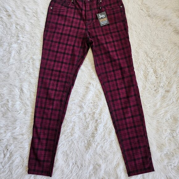 Suko jeans Women's Burgundy Plaid Skinny Jeans Tartan Power Stretch Denim Size 8 - Picture 3 of 9